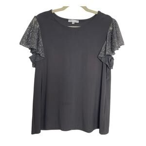Womens Metallic Flutter Sleeve Top Black Cocktail Evening Dressy Blouse Size Lg